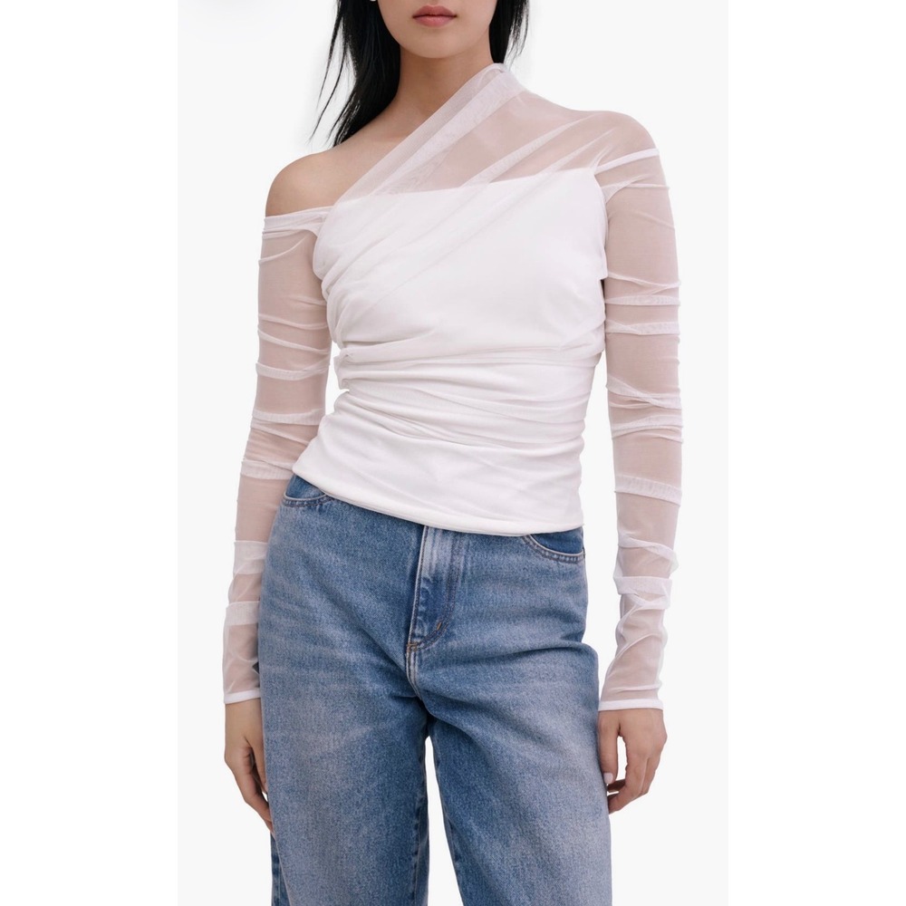 Marcella Monroe White One Shoulder Ruched Mesh Top Size M NWT - Picture 13 of 16